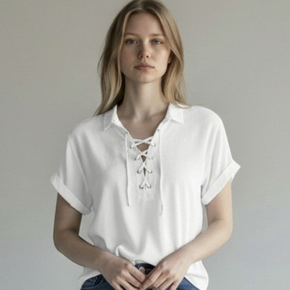 Cloth & Stone White Tencel Lace Up Front Short Sleeve Blouse Top Boho Chic M